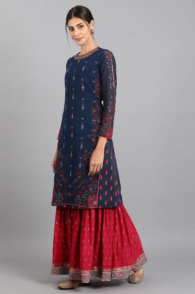 Blue Round Neck Printed kurta - wforwoman