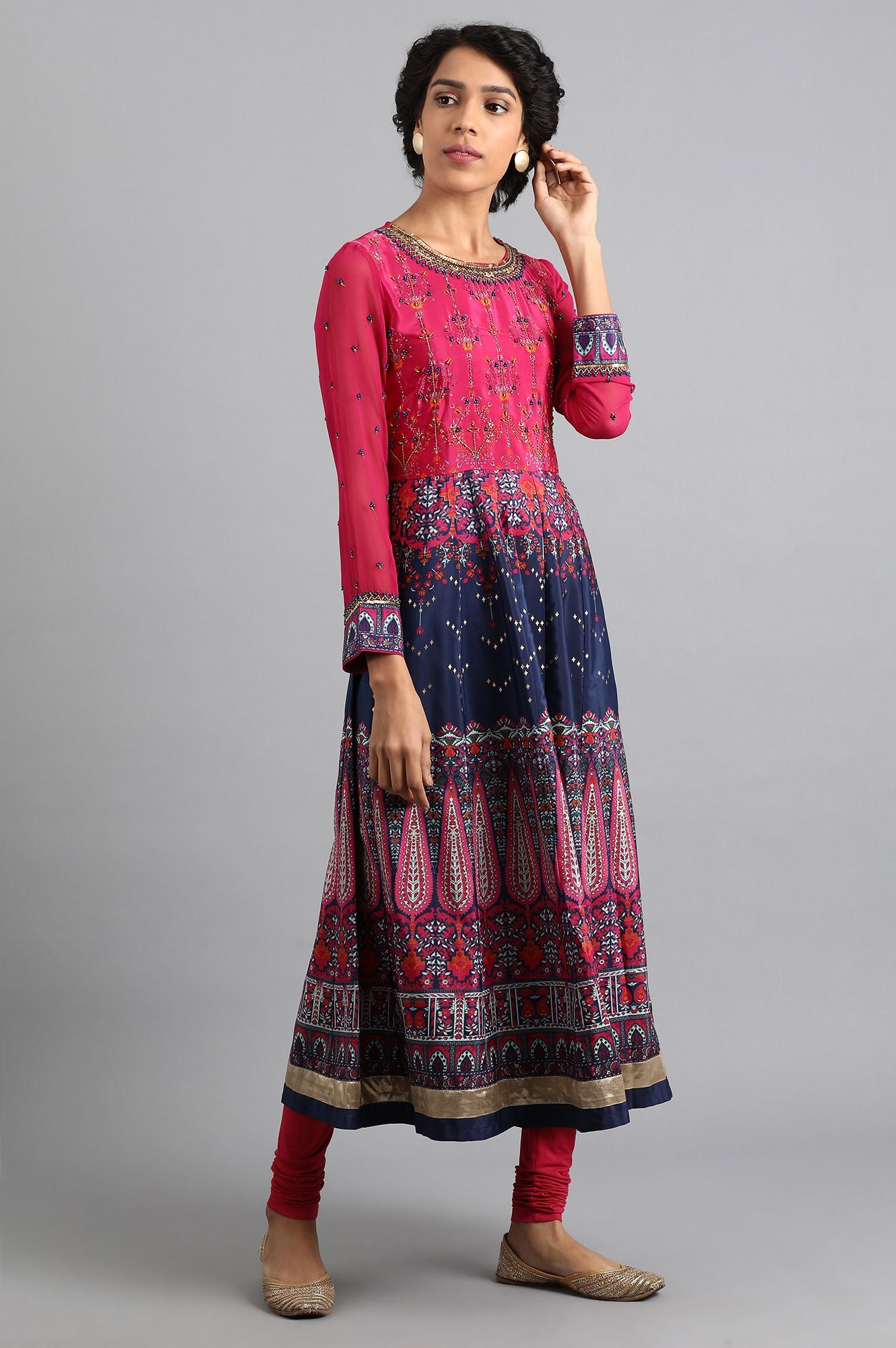 Pink & Blue Round Neck Flared kurta