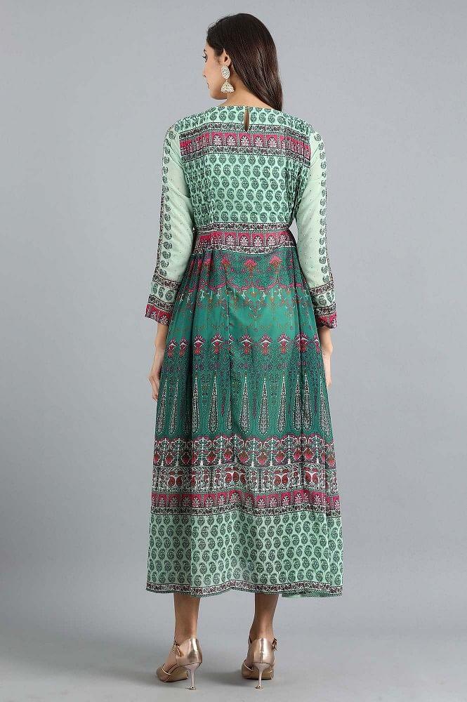 Green Round Neck Printed Flared Dress - wforwoman