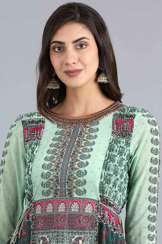 Green Round Neck Printed Flared Dress - wforwoman