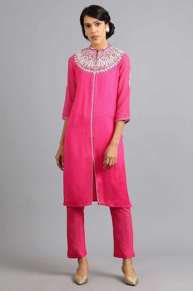 Pink Mandarin Neck Embellished kurta - wforwoman