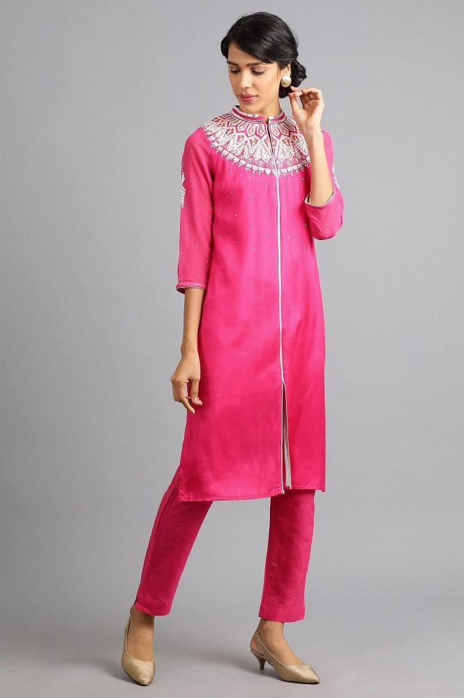 Pink Mandarin Neck Embellished kurta - wforwoman