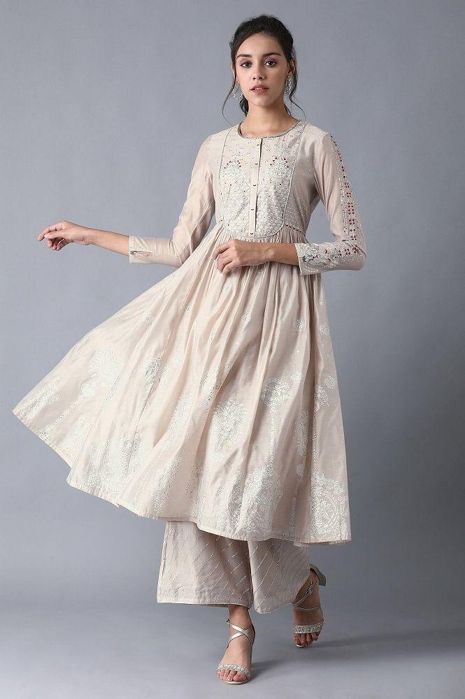 Beige Round Neck Printed kurta - wforwoman