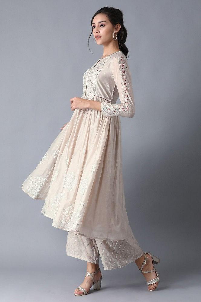 Beige Round Neck Printed kurta - wforwoman