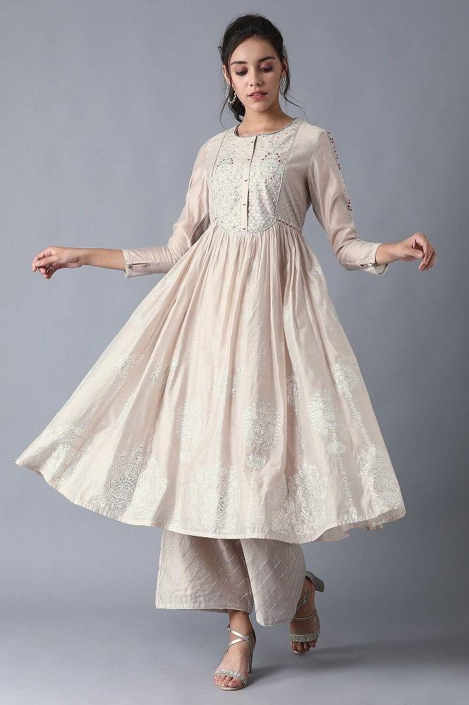 Beige Round Neck Printed kurta - wforwoman