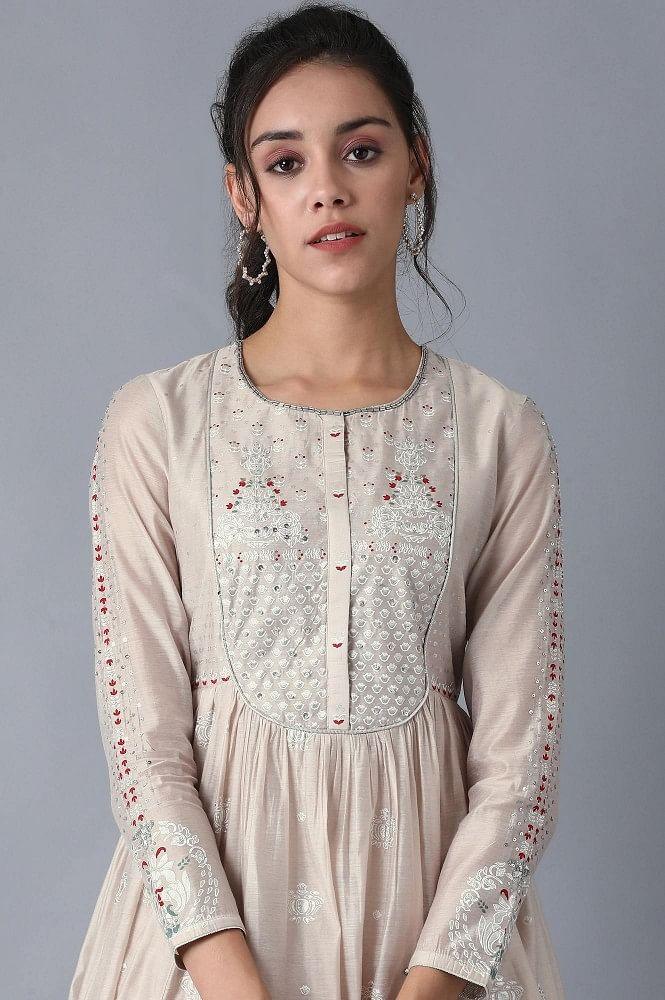 Beige Round Neck Printed kurta - wforwoman