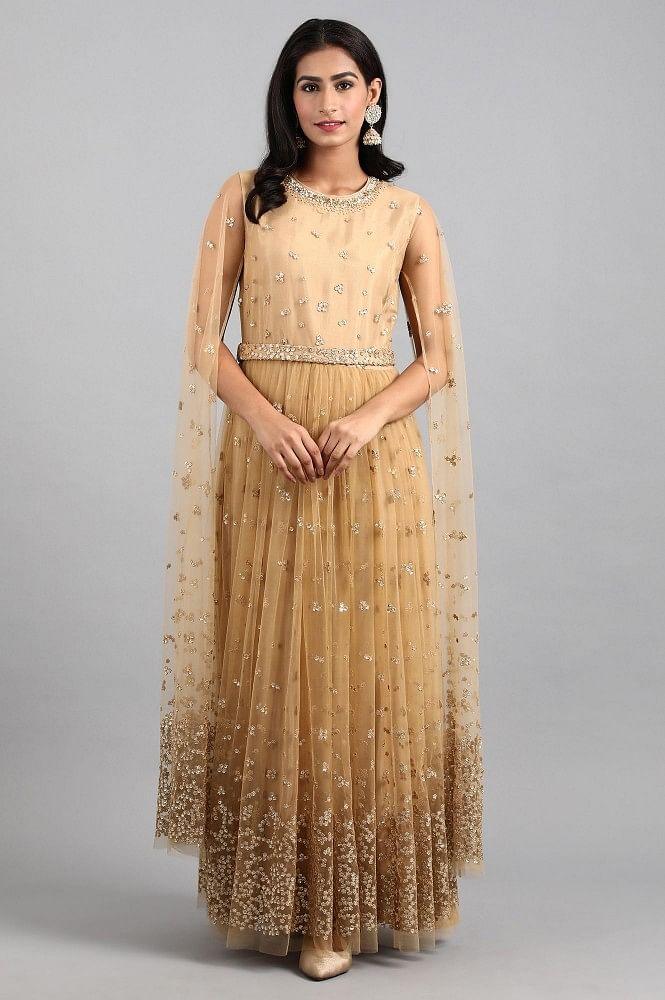 Beige Round Neck Embellished Gown - wforwoman
