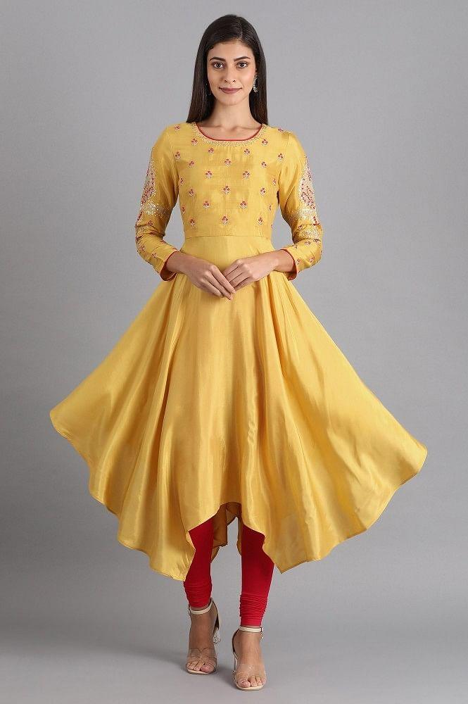 Yellow Round Neck Asymmetrical Hem kurta - wforwoman