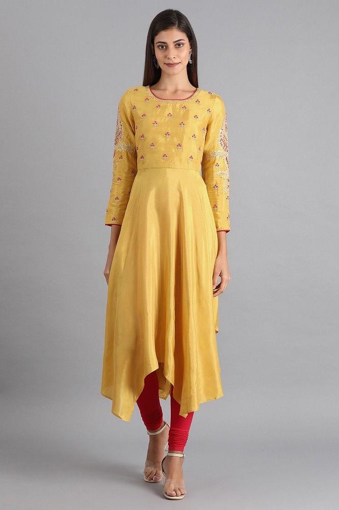 Yellow Round Neck Asymmetrical Hem kurta - wforwoman