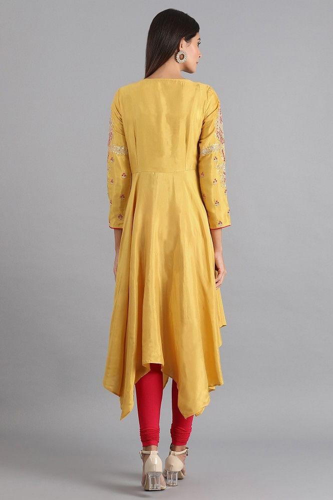 Yellow Round Neck Asymmetrical Hem kurta - wforwoman