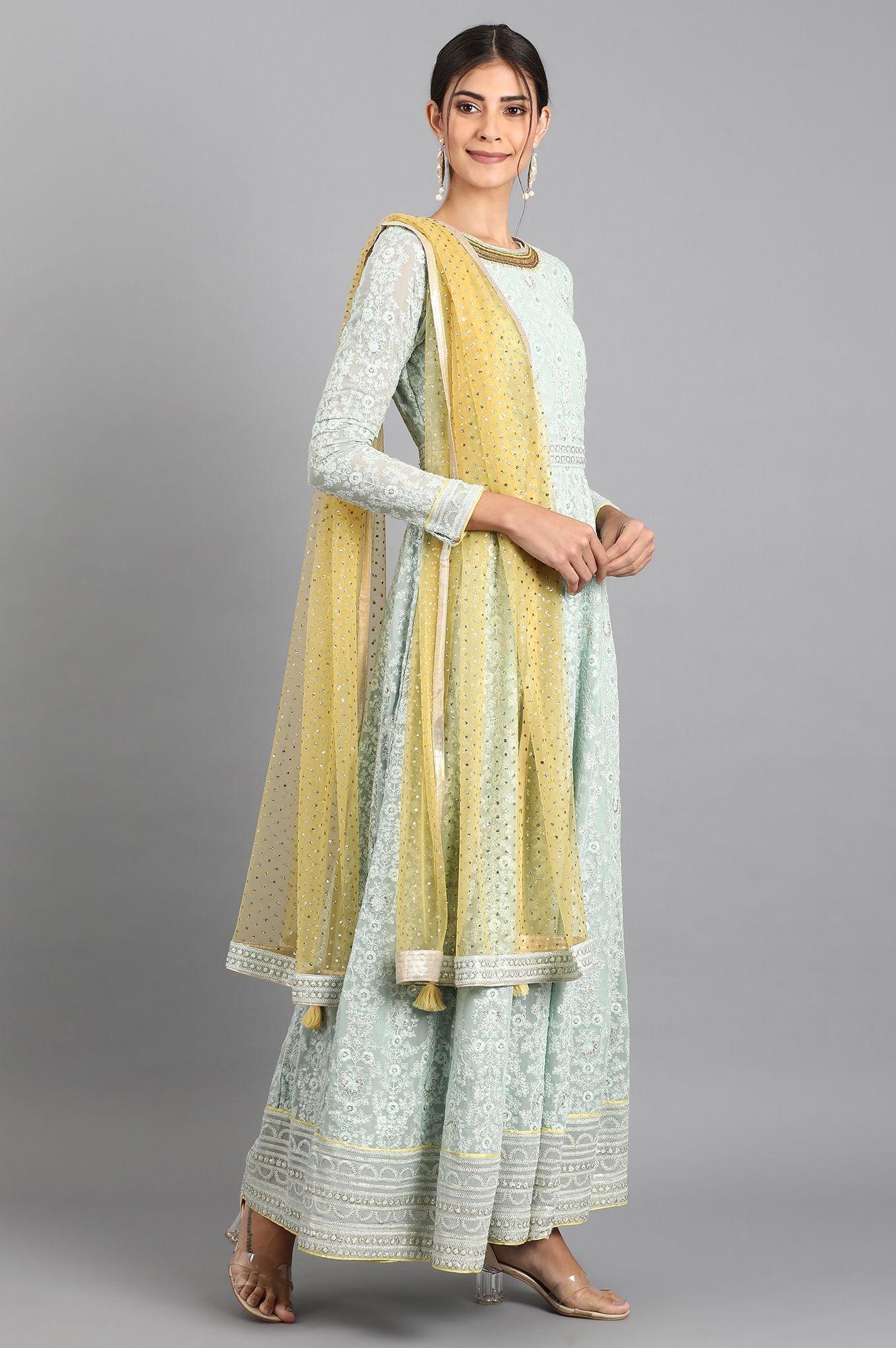 Sea Green Round Neck Embroidered Set - wforwoman