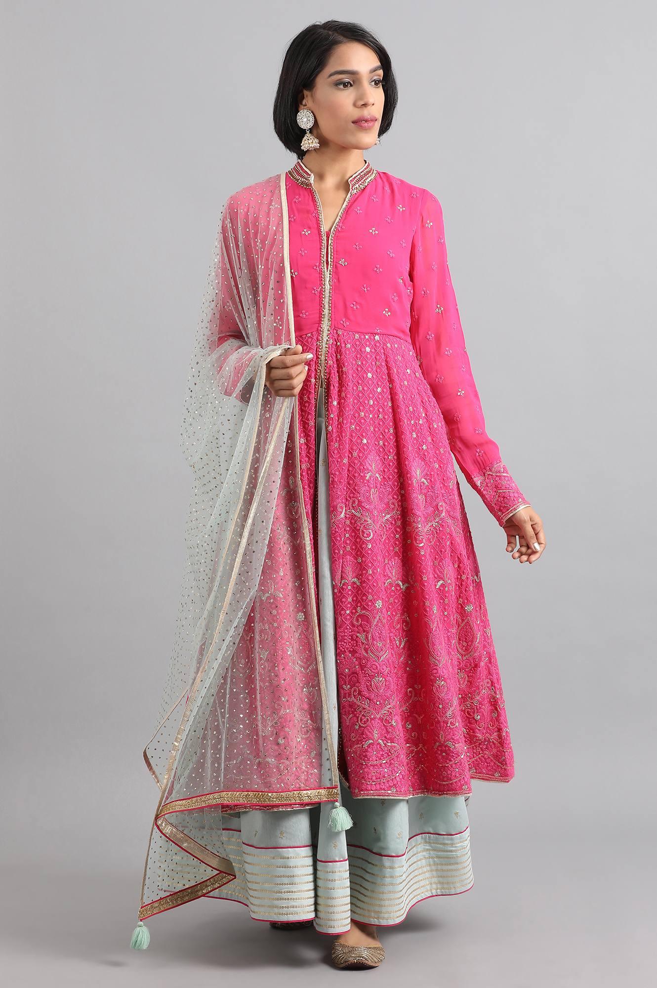 Pink Mandarin Neck Embroidered kurta Set - wforwoman