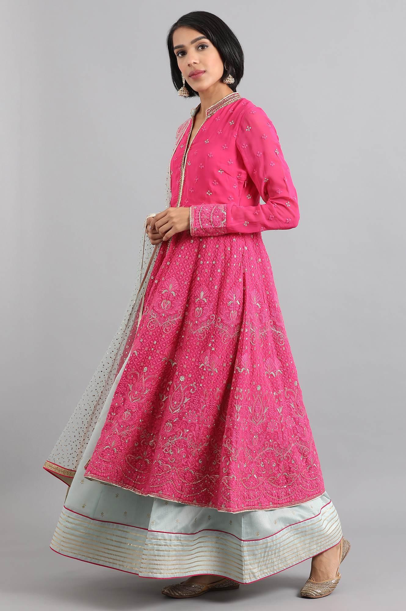 Pink Mandarin Neck Embroidered kurta Set - wforwoman