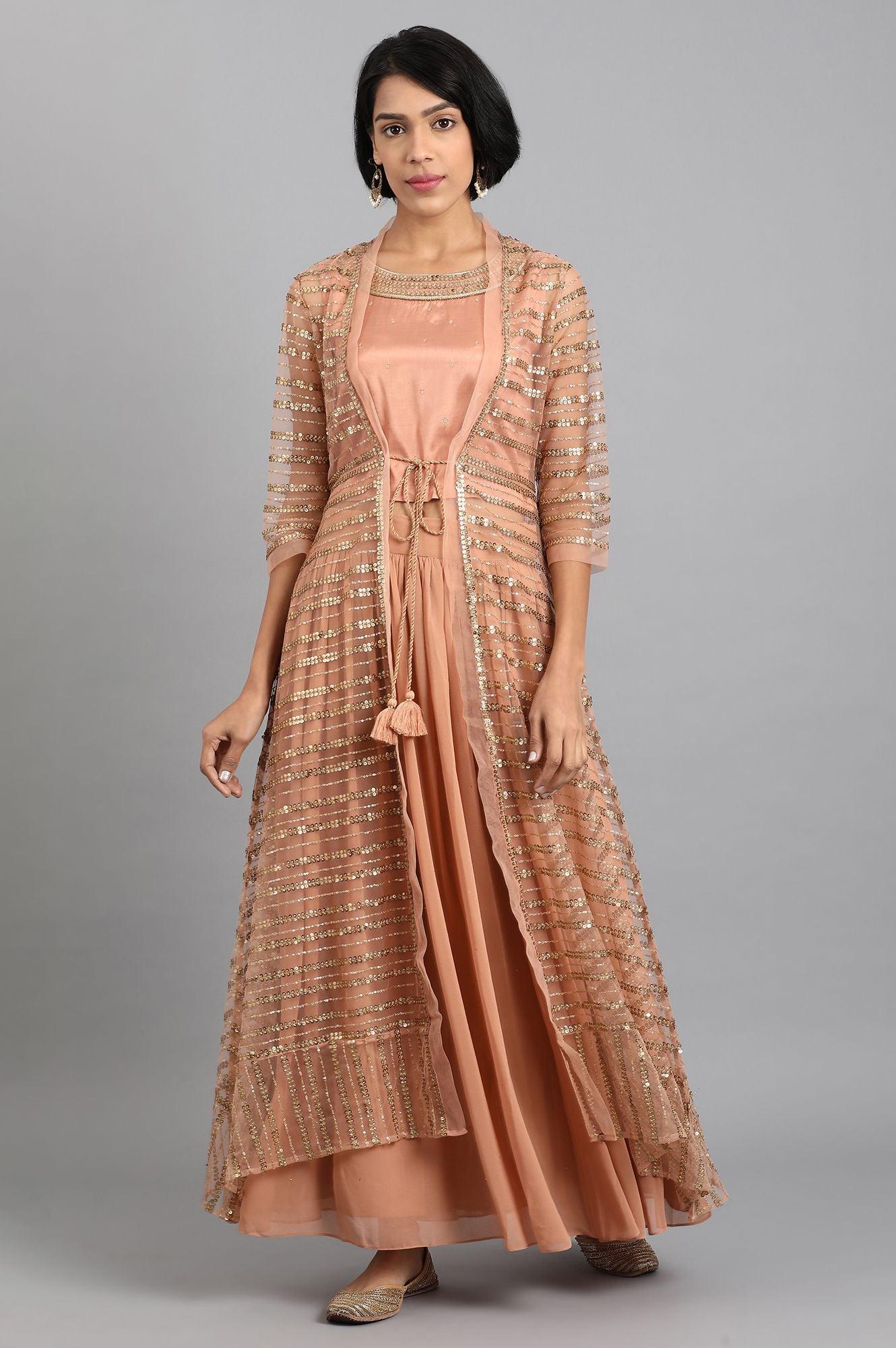 Peach Round Neck Jacket Set - wforwoman