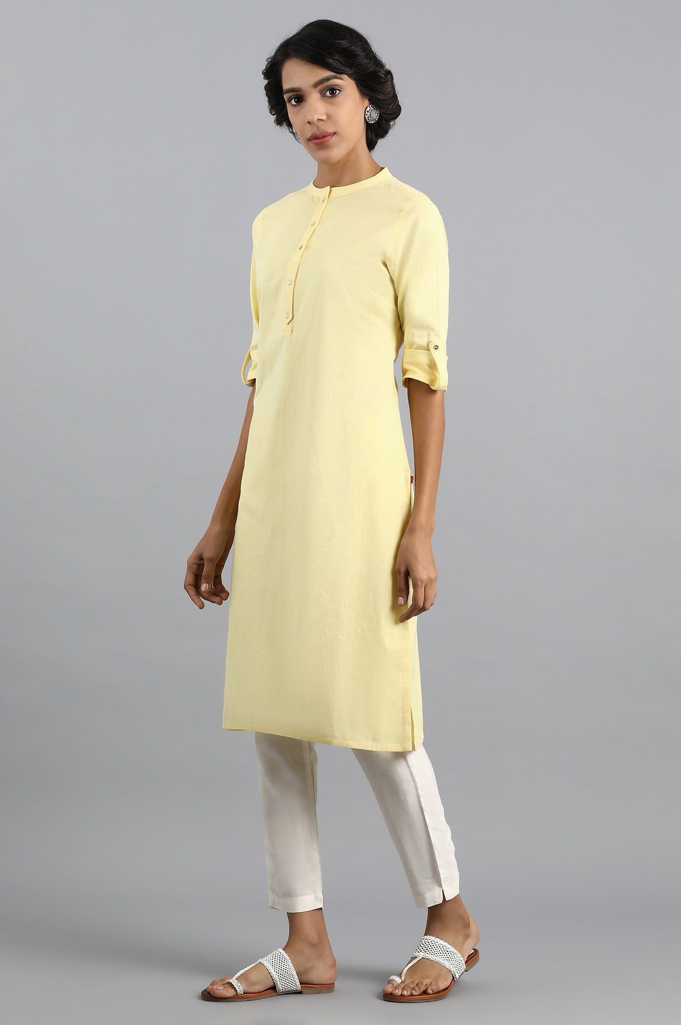 Yellow Mandarin Neck Solid kurta