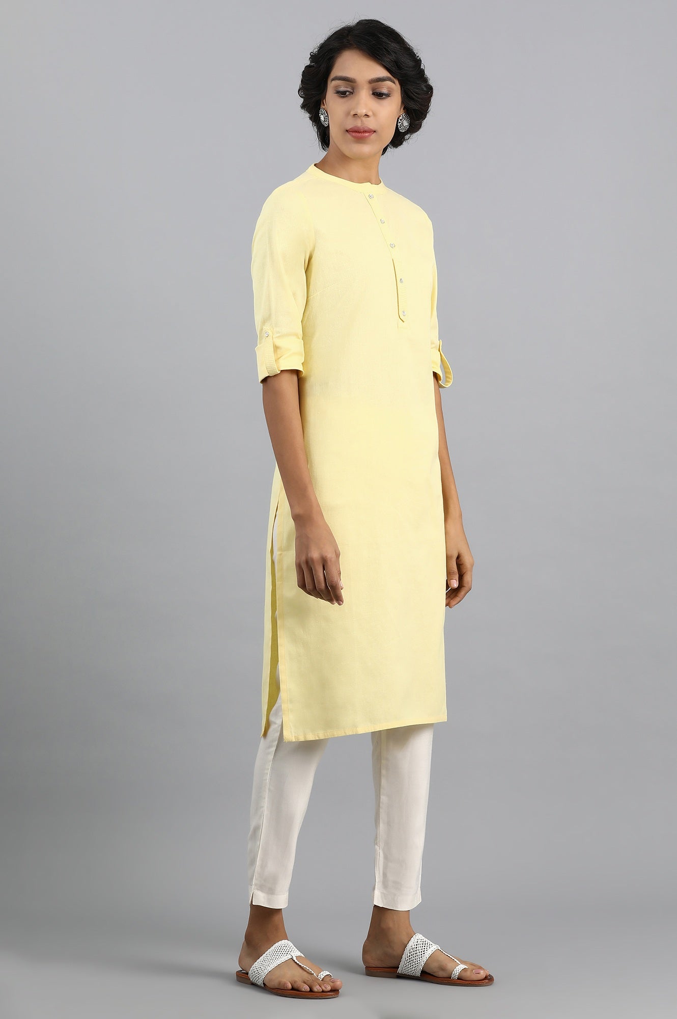 Yellow Mandarin Neck Solid kurta