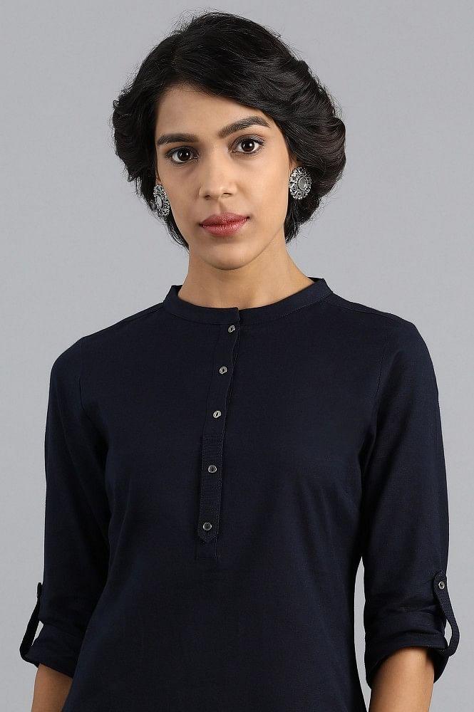 Blue Mandarin Neck Solid kurta - wforwoman