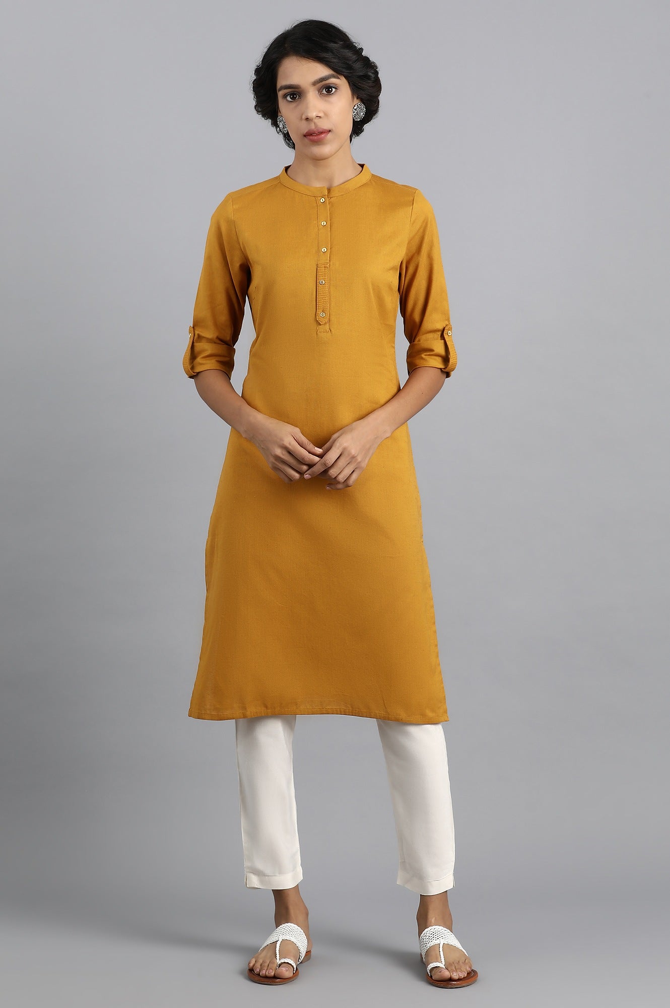 Yellow Mandarin Neck Solid kurta