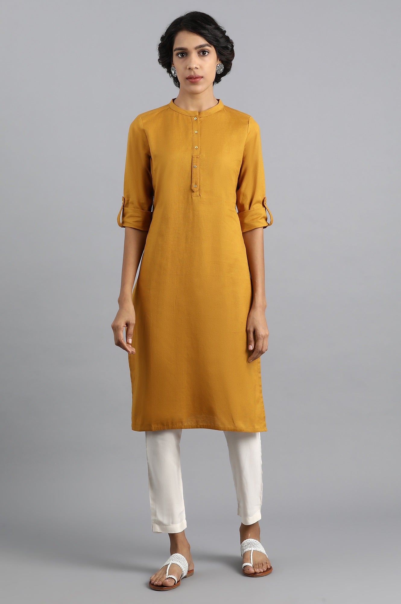 Yellow Mandarin Neck Solid kurta