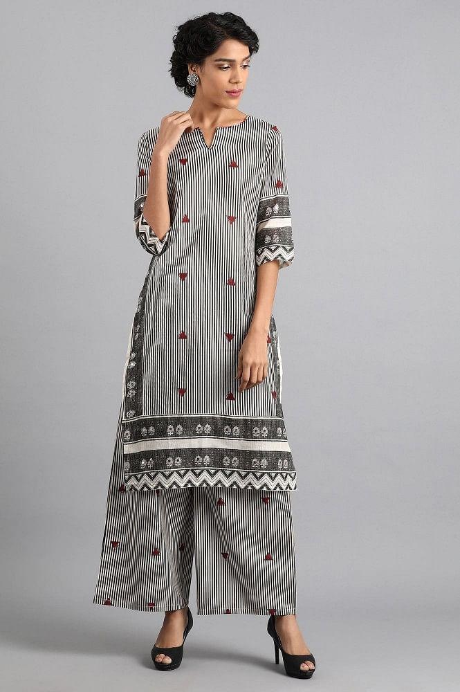 White & Grey Round Neck Printed kurta - wforwoman