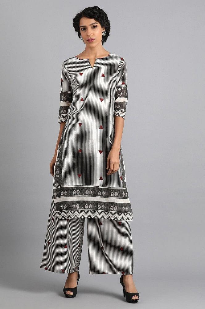 White & Grey Round Neck Printed kurta - wforwoman