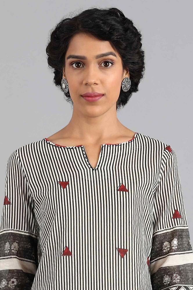 White & Grey Round Neck Printed kurta - wforwoman