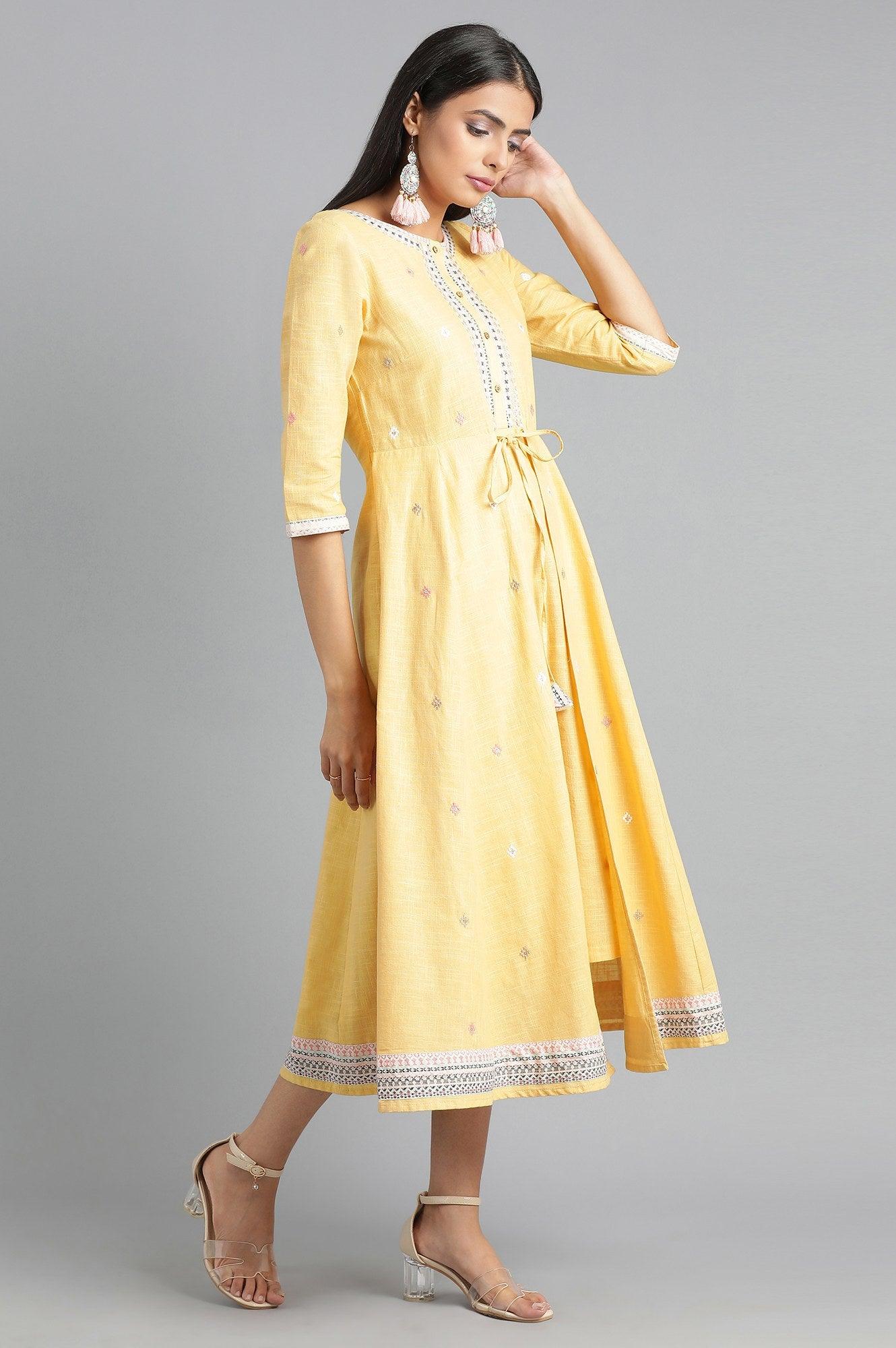 Yellow Round Neck Fusion Dress - wforwoman