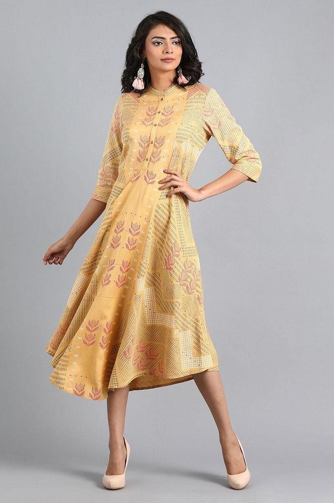 Yellow Mandarin Neck Printed Dress - wforwoman
