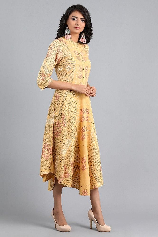 Yellow Mandarin Neck Printed Dress - wforwoman