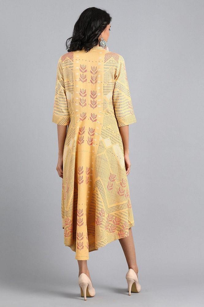 Yellow Mandarin Neck Printed Dress - wforwoman