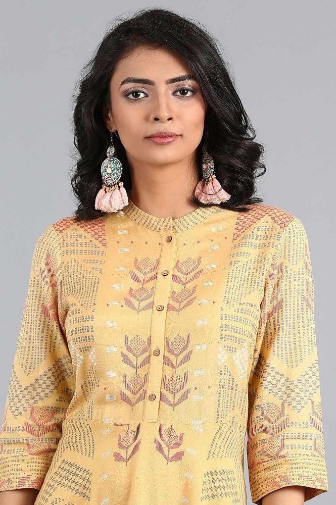 Yellow Mandarin Neck Printed Dress - wforwoman