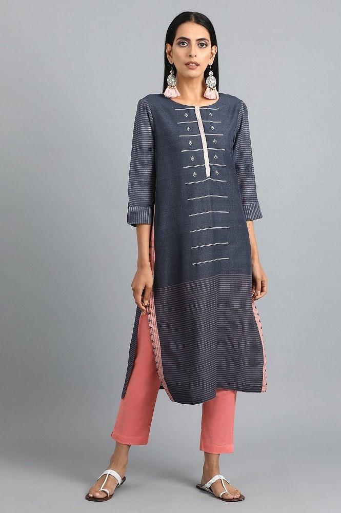 Blue Round Neck Printed kurta - wforwoman