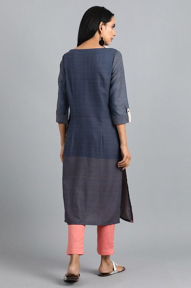 Blue Round Neck Printed kurta - wforwoman