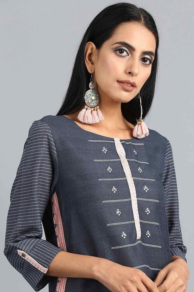 Blue Round Neck Printed kurta - wforwoman