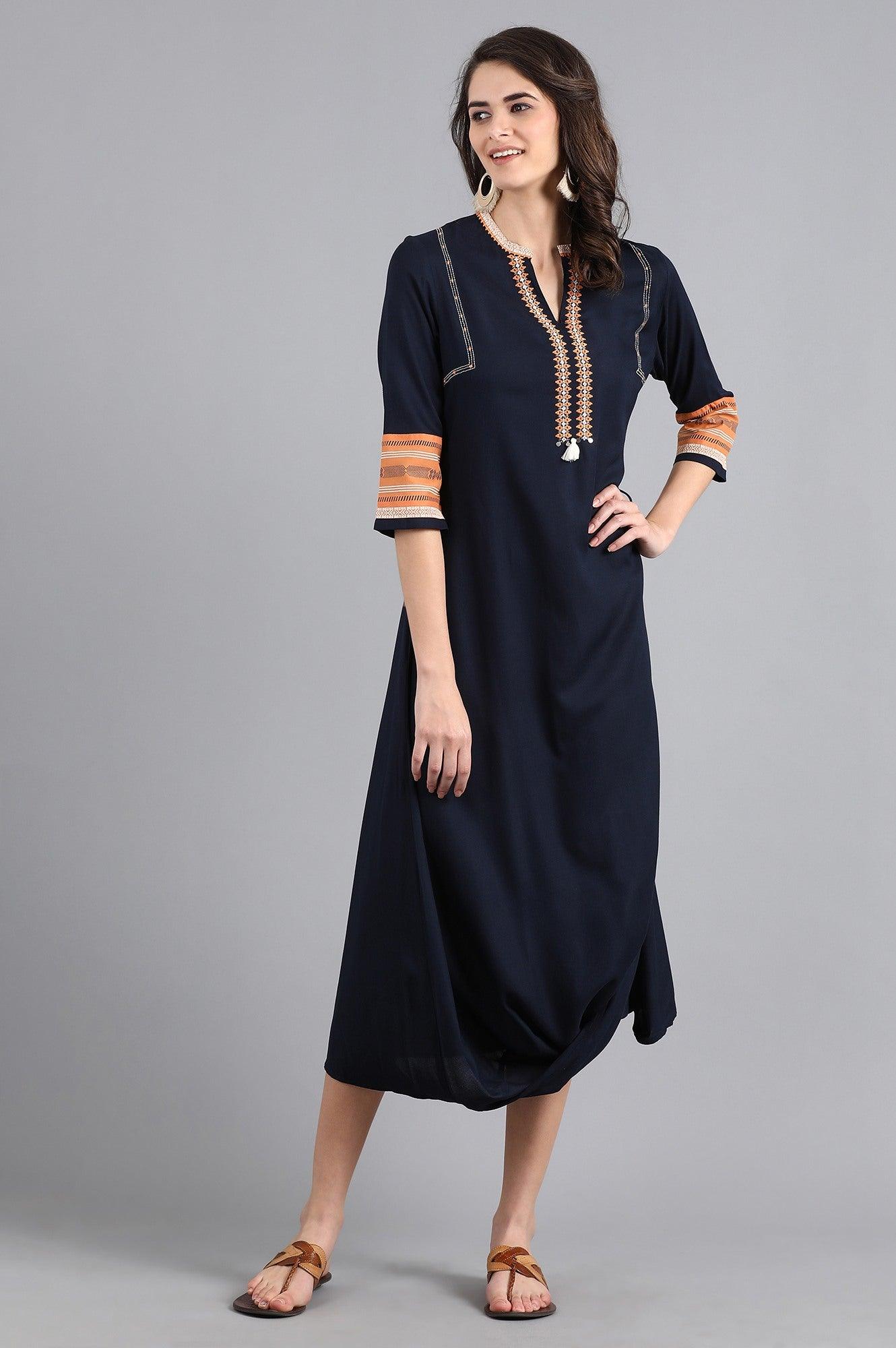 Blue Mandarin Neck Cowl Dress - wforwoman