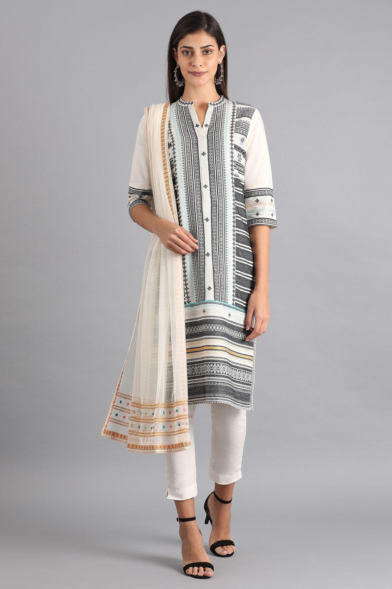 White & Grey Dobby kurta - wforwoman