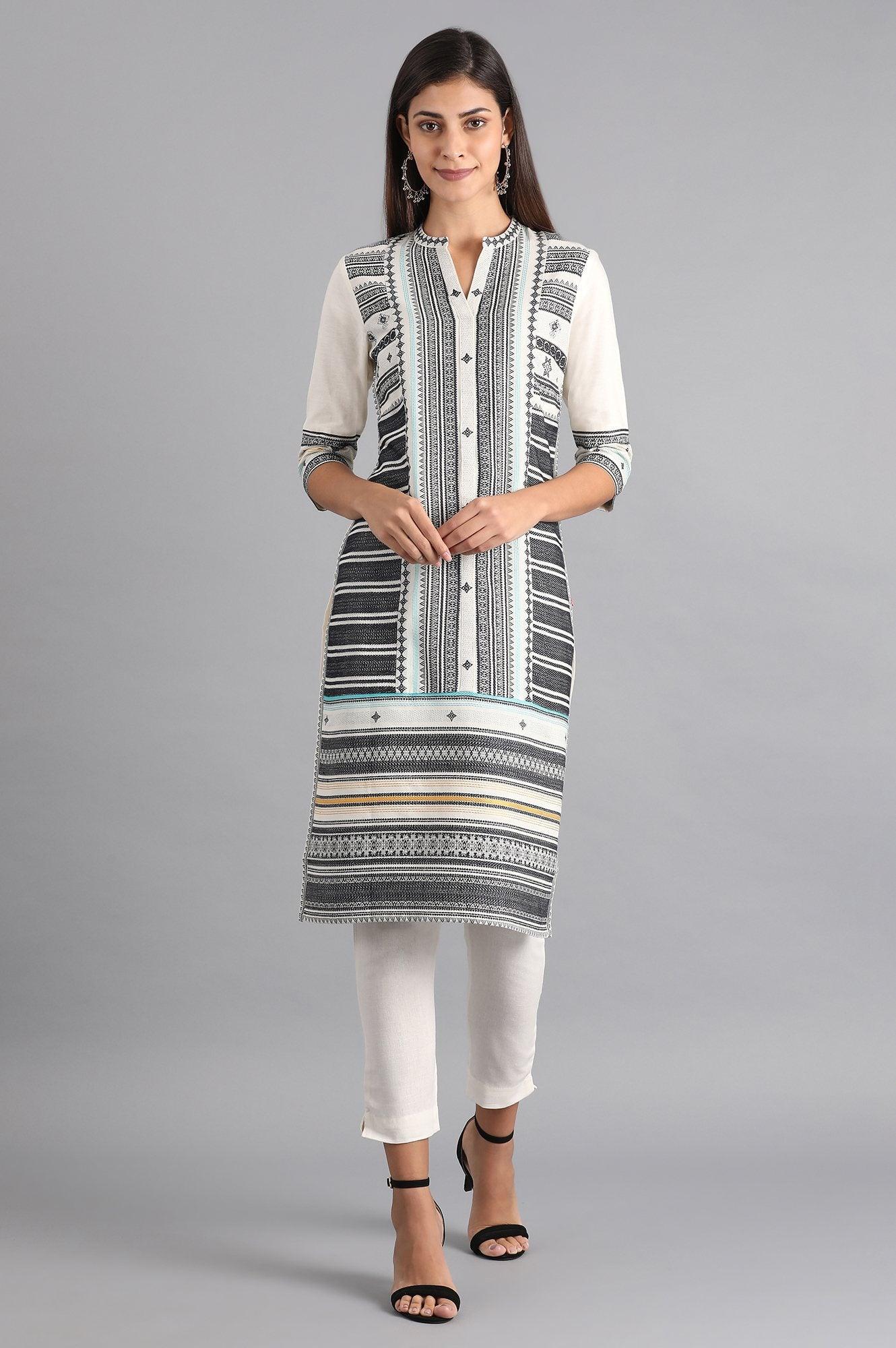 White & Grey Dobby kurta - wforwoman