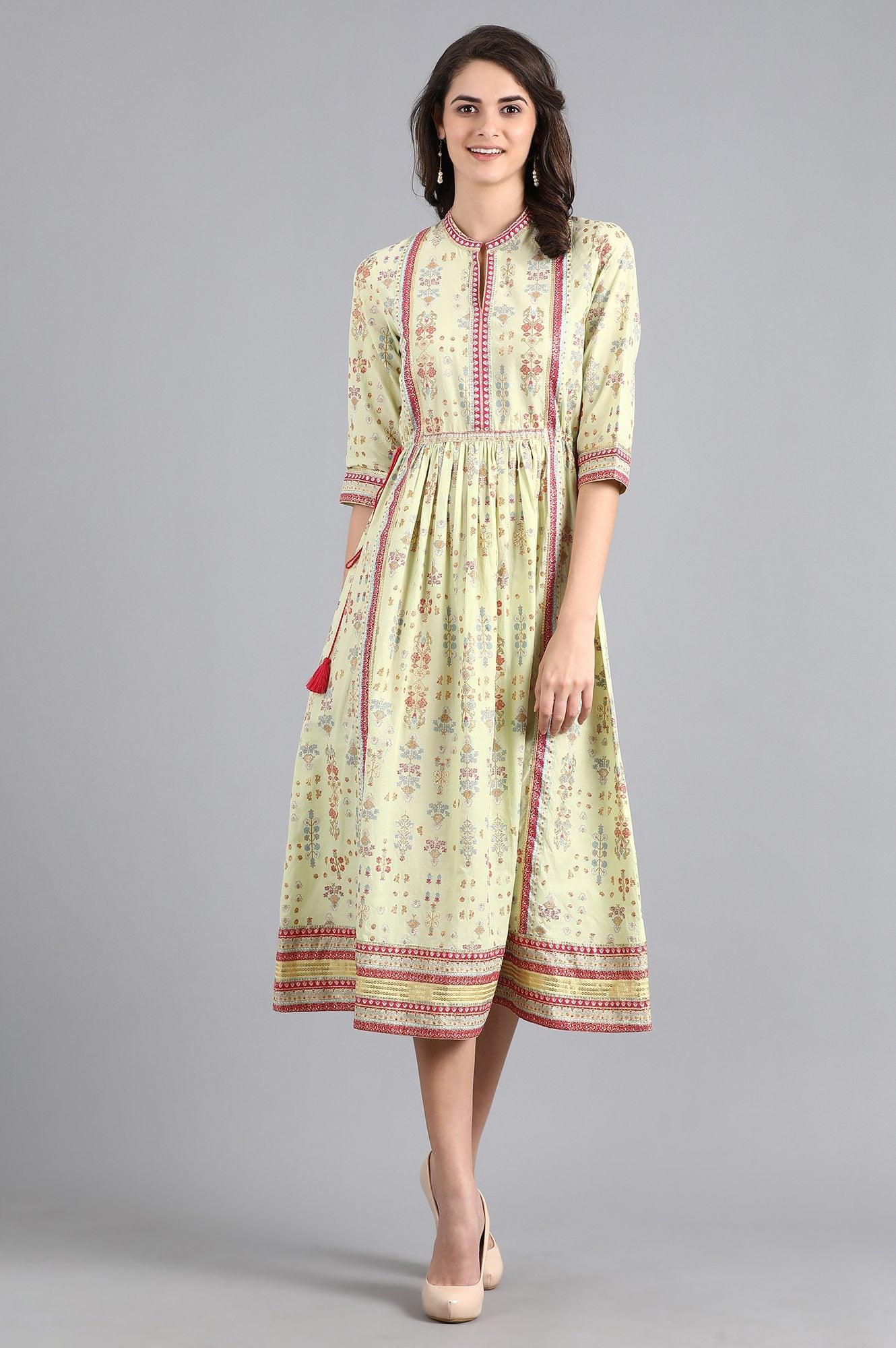 Lime Green Printed Gathered Dress - wforwoman