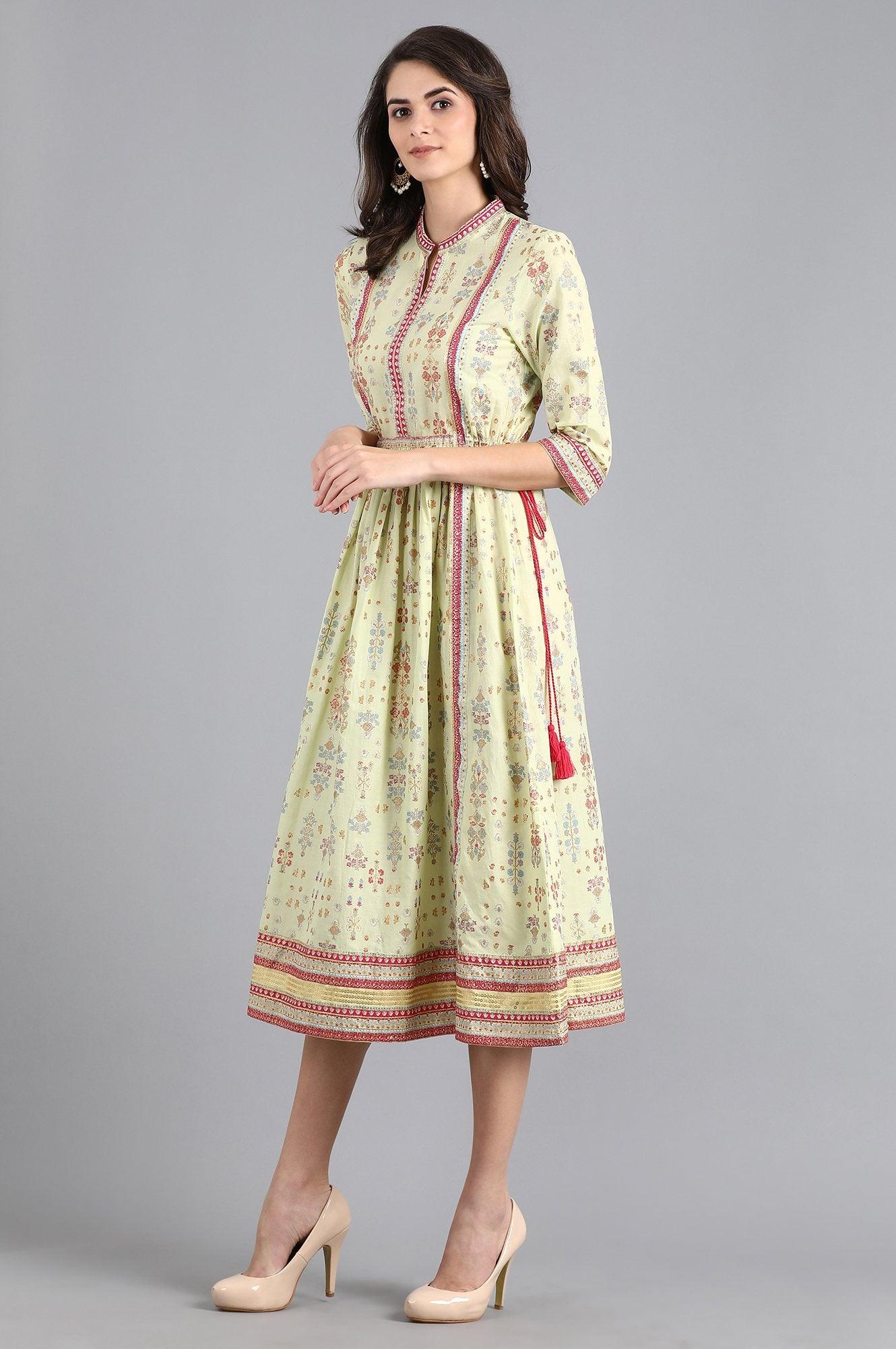 Lime Green Printed Gathered Dress - wforwoman