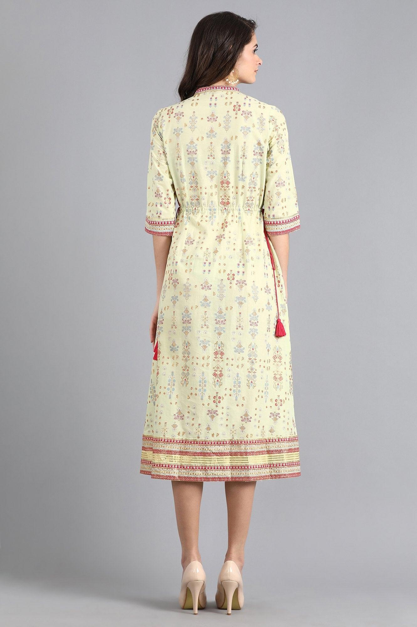 Lime Green Printed Gathered Dress - wforwoman