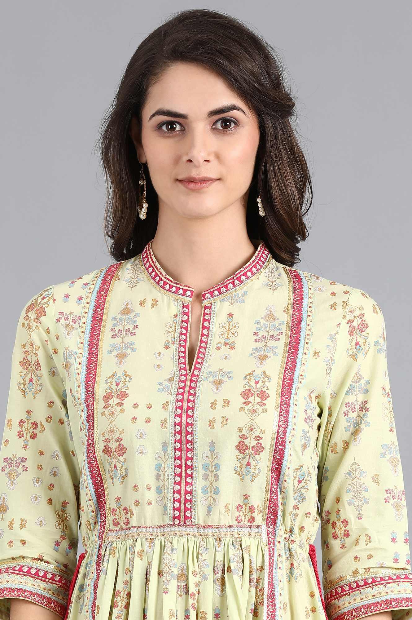 Lime Green Printed Gathered Dress - wforwoman