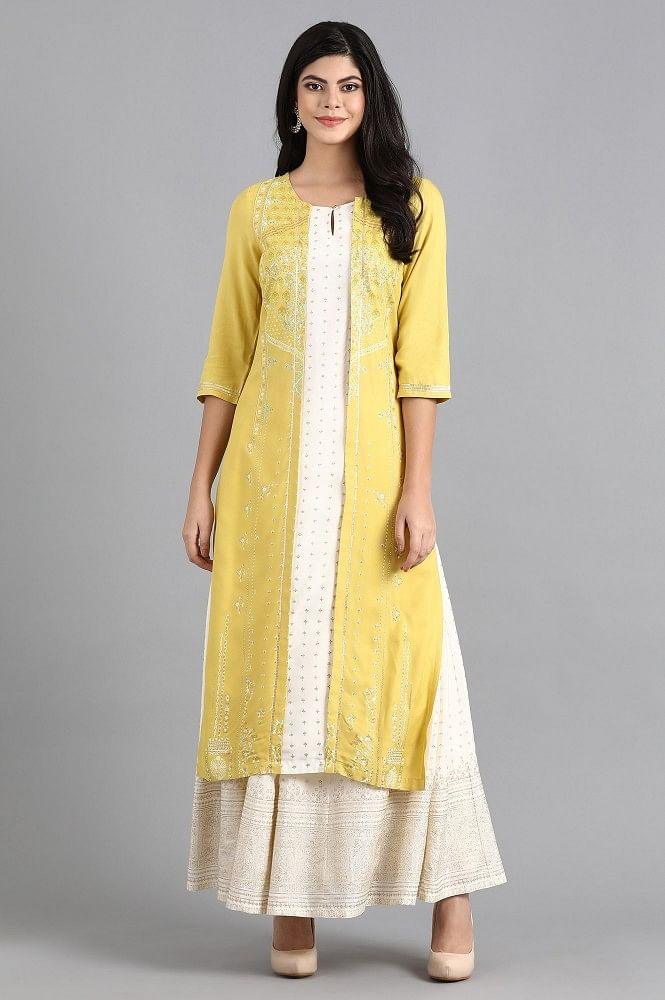 Yellow Round Neck Printed kurta - wforwoman