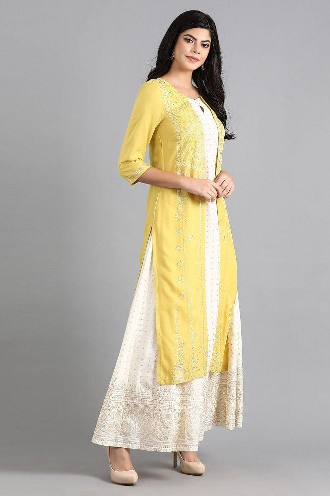 Yellow Round Neck Printed kurta - wforwoman
