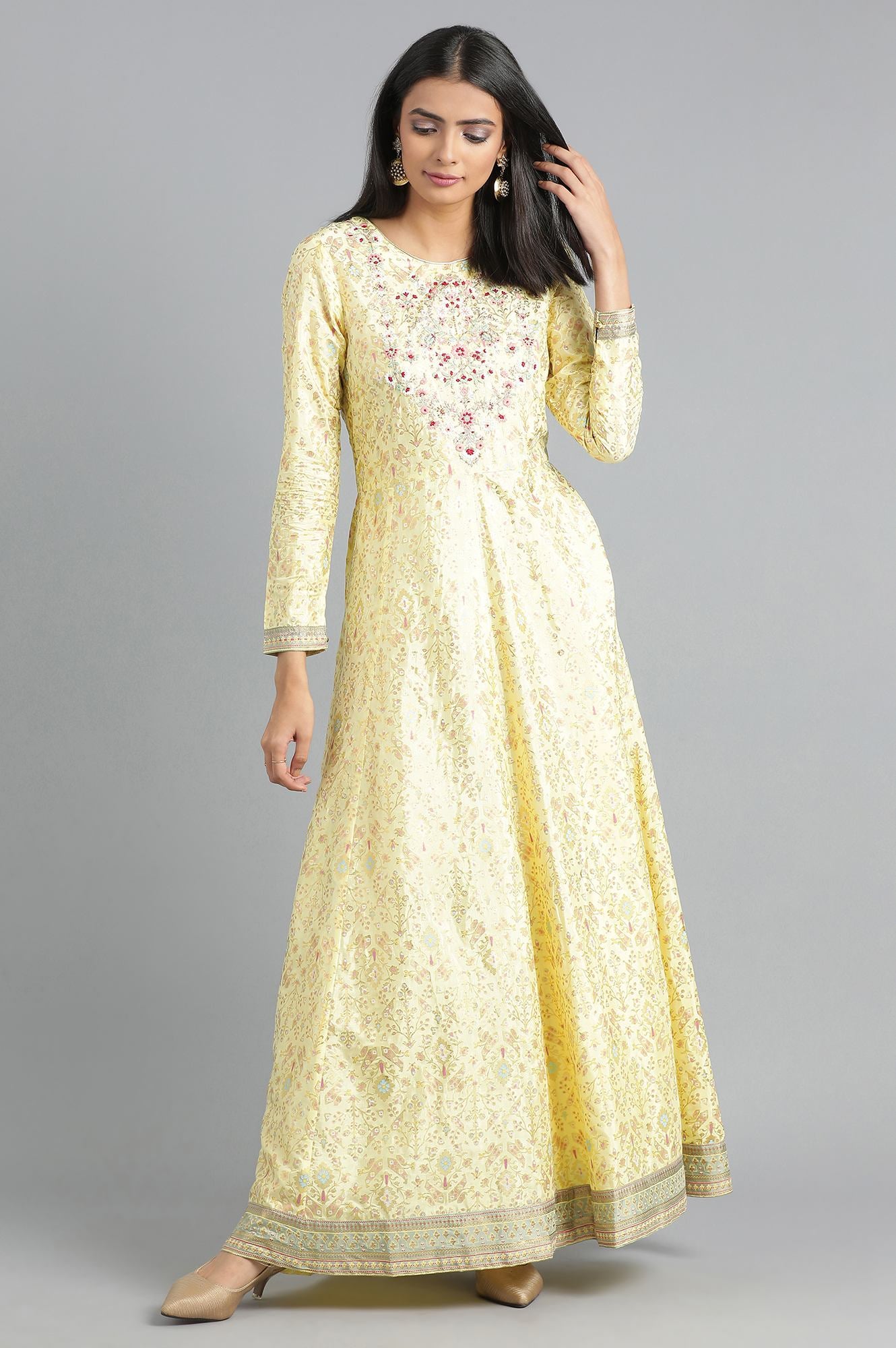Yellow Round Neck Printed Dress