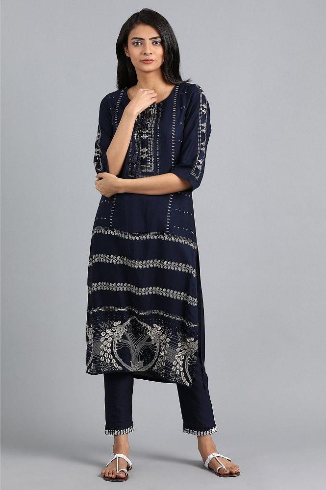 Blue Round Neck Printed kurta - wforwoman
