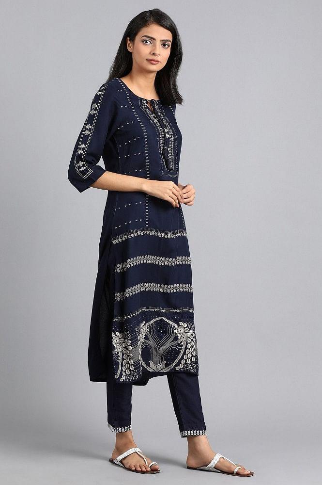 Blue Round Neck Printed kurta - wforwoman