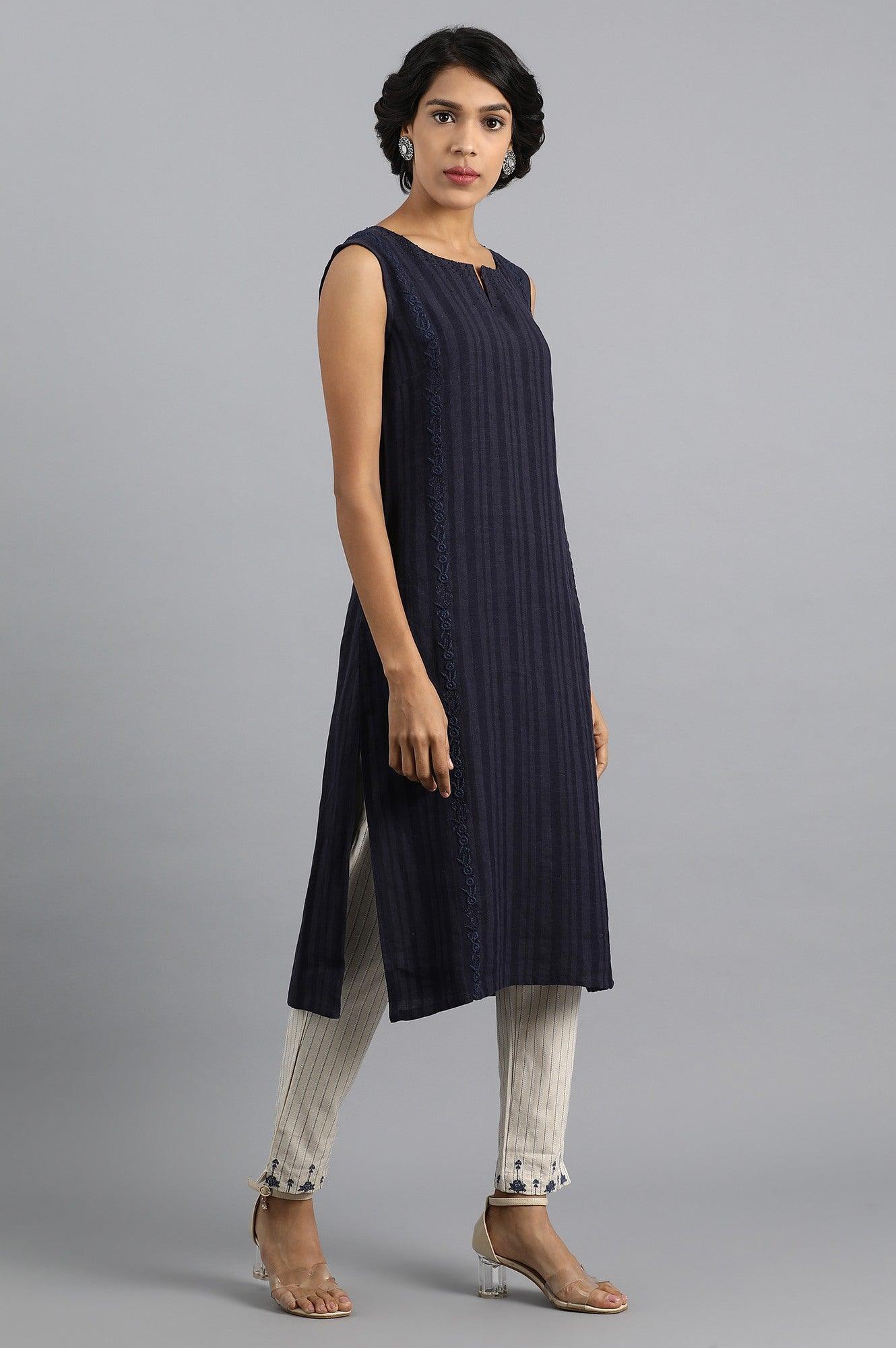 Blue Round Neck Linen kurta - wforwoman