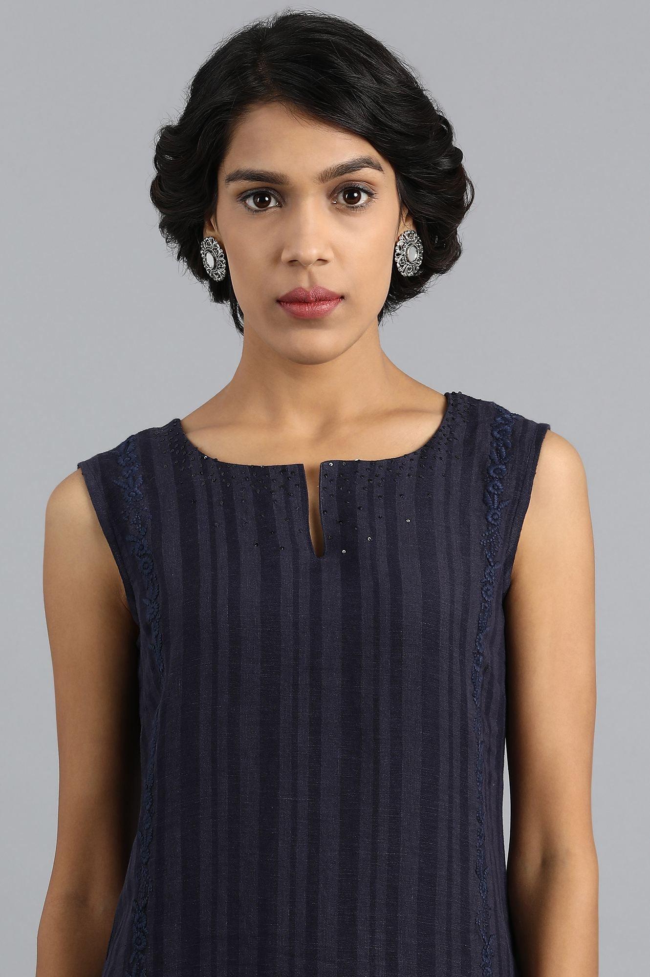 Blue Round Neck Linen kurta - wforwoman