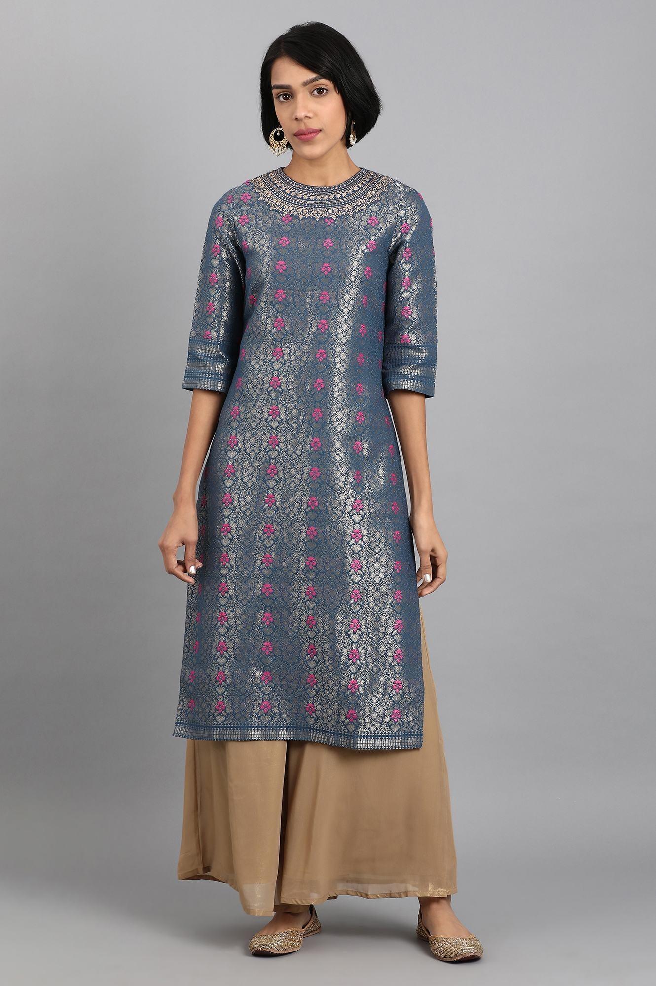 Blue Closed Neck Embroidered kurta - wforwoman