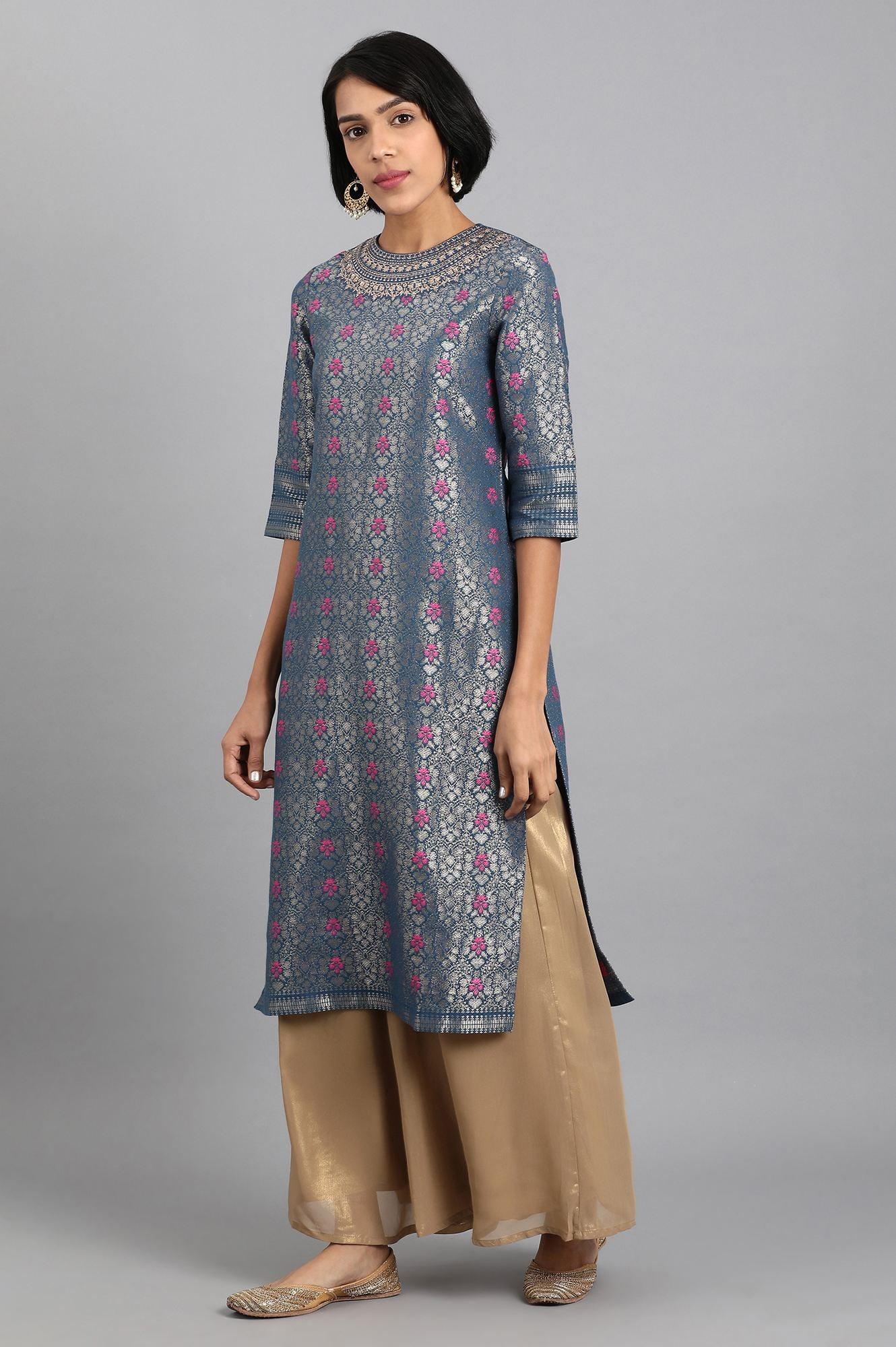 Blue Closed Neck Embroidered kurta - wforwoman